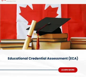 Educational Credential evaluation symbolized by diploma, books, and graduation cap with Canada flag background and Learn More button
