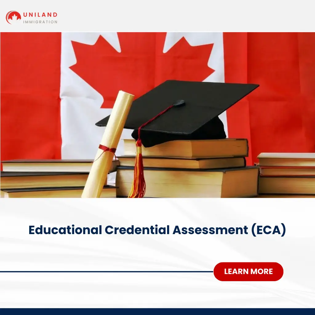 Educational Credential evaluation symbolized by diploma, books, and graduation cap with Canada flag background and Learn More button