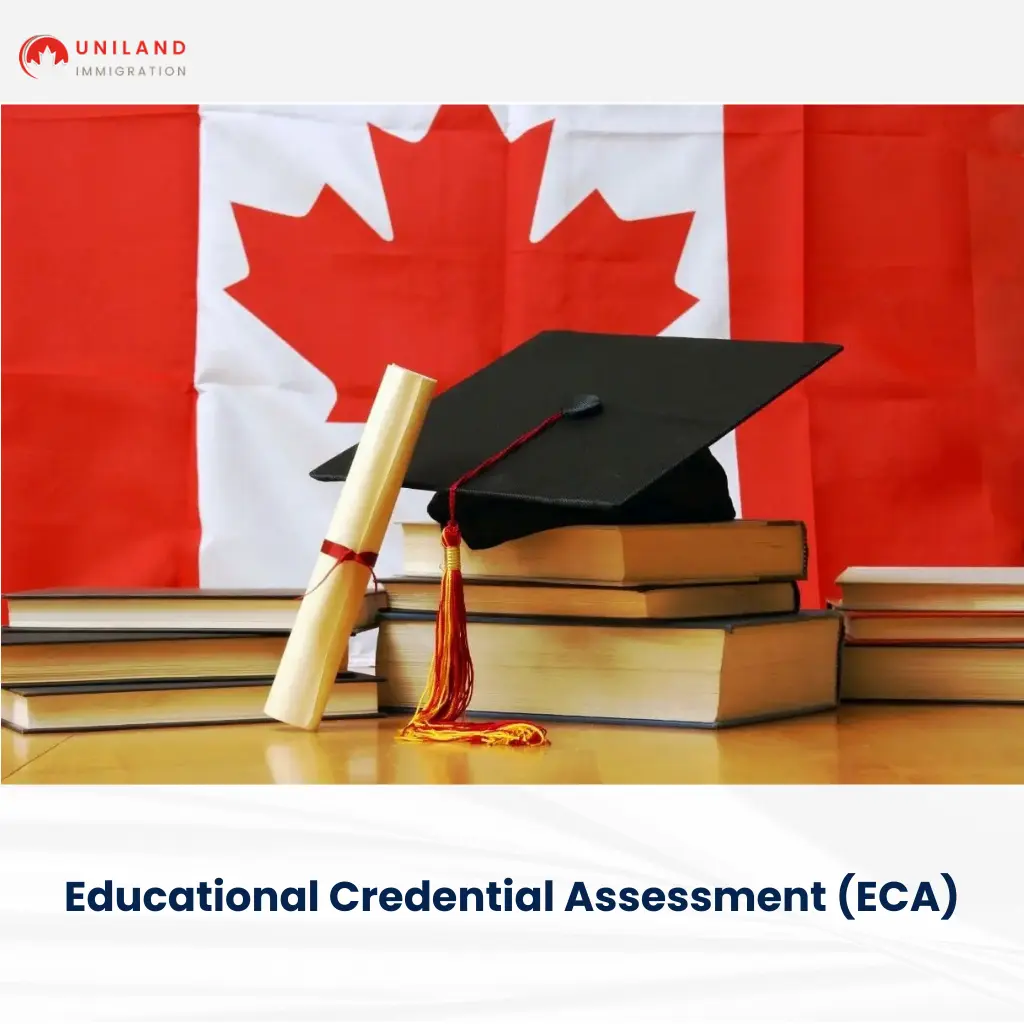 Educational Credential assessment concept with graduation cap, diploma, and books in front of Canadian flag