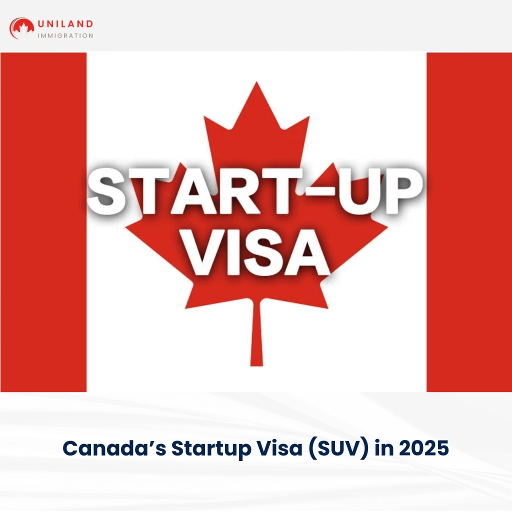 Canada Startup Visa 2025 promotional graphic with a red maple leaf in the background and bold text 'START-UP VISA' across it, representing Canadian immigration program for entrepreneurs.