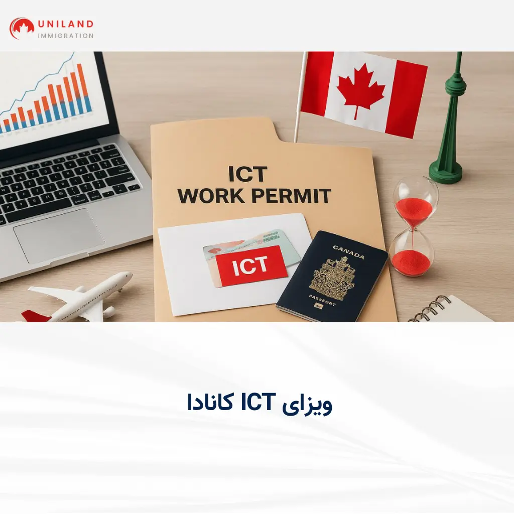پاسپورت کانادایی، پوشه ICT Work Permit و پرچم کانادا – راهنمای کامل ویزای ICT کانادا برای مدیران و متخصصان بین‌المللی.