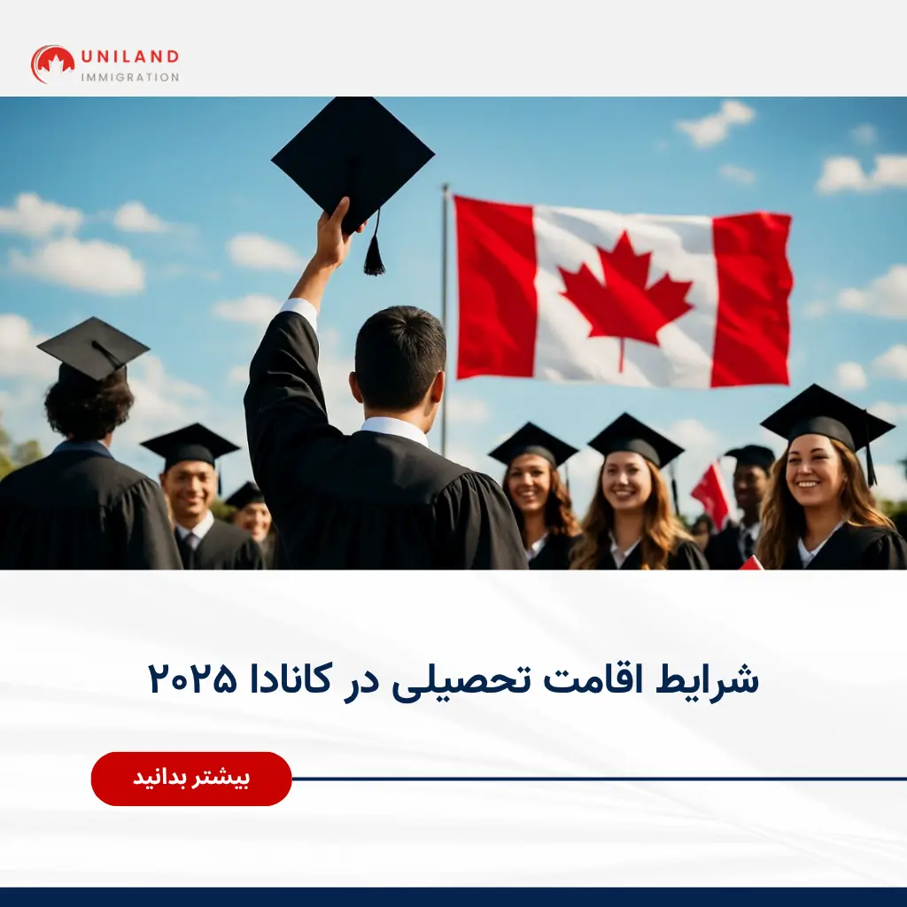 alt="فارغالتحصیلان بینالمللی با لباس دانشگاهی و پرچم کانادا در پسزمینه؛ معرفی شرایط اقامت تحصیلی در کانادا ۲۰۲۵ در وبسایت یونیلند"