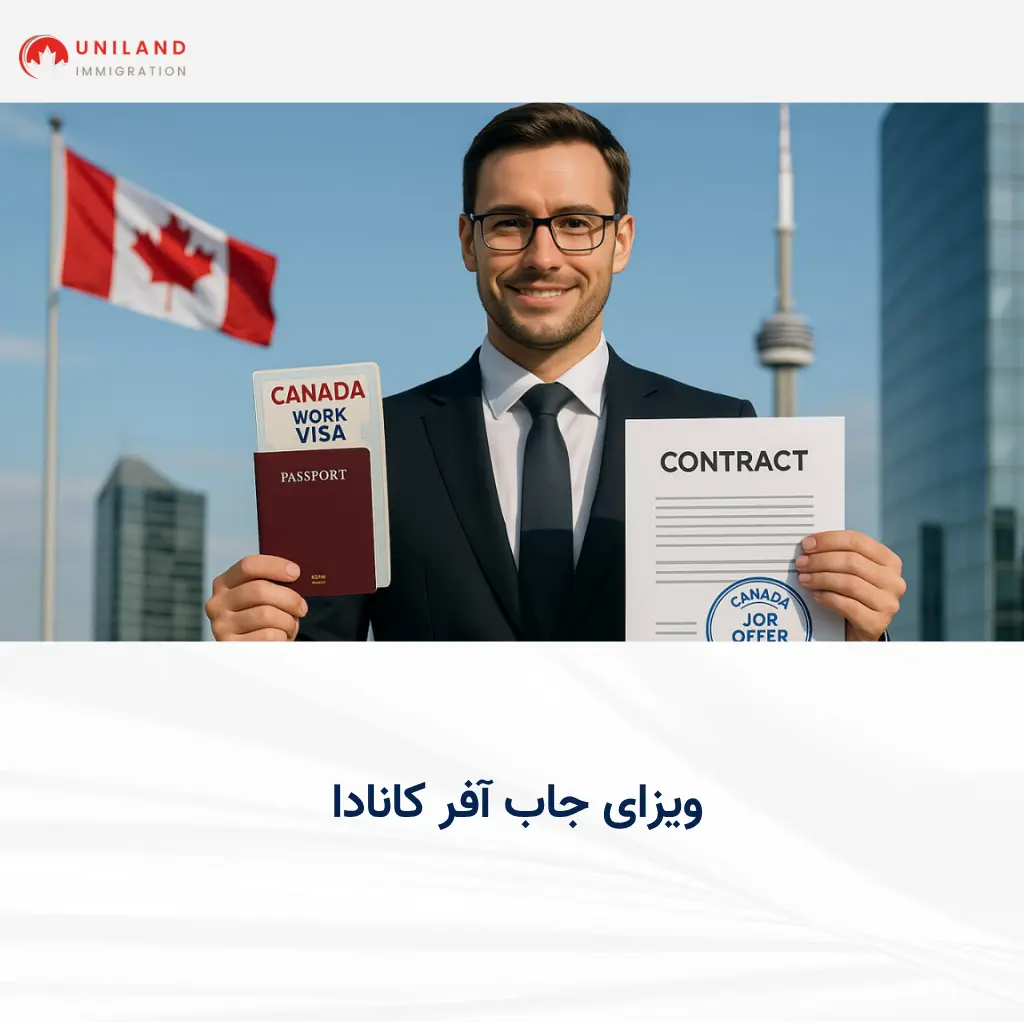 "مردی با پاسپورت و قرارداد کاری در دست، نشاندهنده شرایط دریافت ویزای جاب آفر کانادا "
