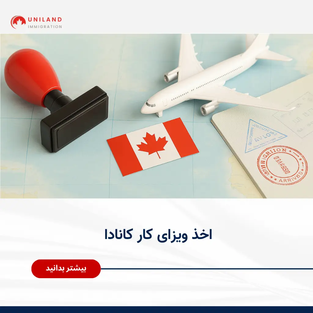 "بنر یونیلند درباره اخذ ویزای کار کانادا با نمایش پرچم کانادا، مدل هواپیما و گذرنامه – بیشتر بدانید"