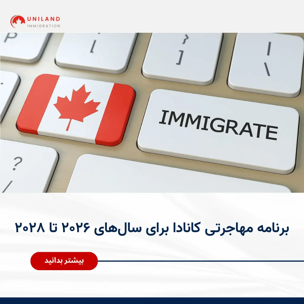 «تصویر دکمه مهاجرت و پرچم کانادا روی صفحه‌کلید؛ مرتبط با برنامه مهاجرتی کانادا ۲۰۲۶ تا ۲۰۲۸»