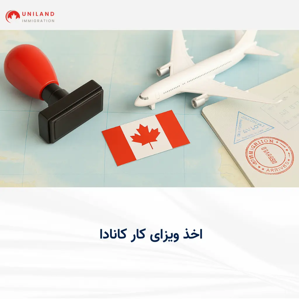 "مفهوم اخذ ویزای کار کانادا با پرچم کانادا، هواپیمای مدل و گذرنامه دارای مهر ورود – یونیلند"