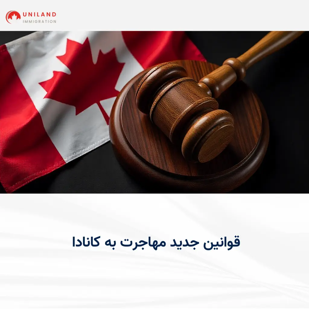 نمای گرافیکی مرتبط با قوانین جدید مهاجرت به کانادا با استفاده از پرچم کانادا و نماد قانون برای معرفی اصلاحات جدید مهاجرتی