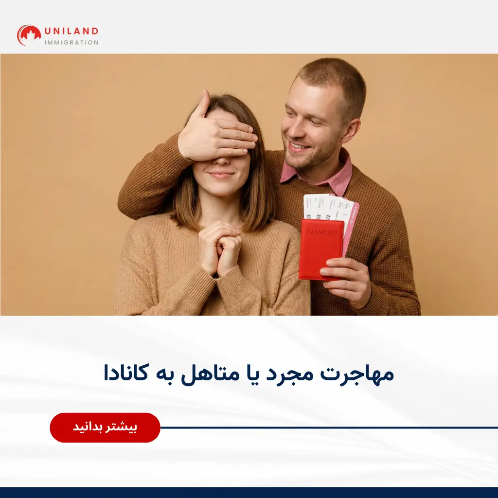 alt: «زوج در حال برنامهریزی سفر با پاسپورت و بلیت؛ تصویر مرتبط با مهاجرت مجرد یا متاهل به کانادا و بررسی شرایط هر وضعیت»