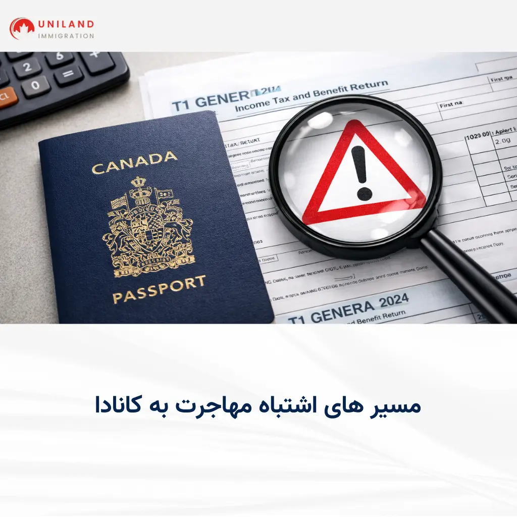 alt: «پاسپورت کانادا در کنار اسناد اداری و علامت هشدار؛ تصویر مرتبط با مسیر اشتباه مهاجرت به کانادا و تصمیمهای نادرست در انتخاب روش مهاجرت»